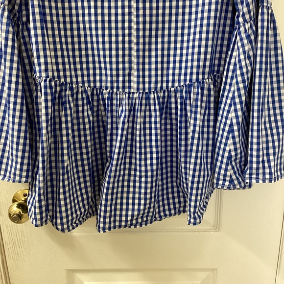 Who What Wear Blue White Gingham Blouse Peplum Hem Bell Sleeve Women's XS - Picture 12 of 14